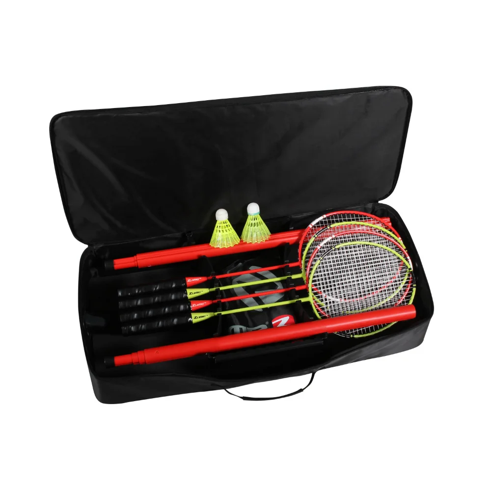 

Portable Badminton Set with Freestanding Base Sets Up on Any Surface in Seconds. No Tools or Stakes Required