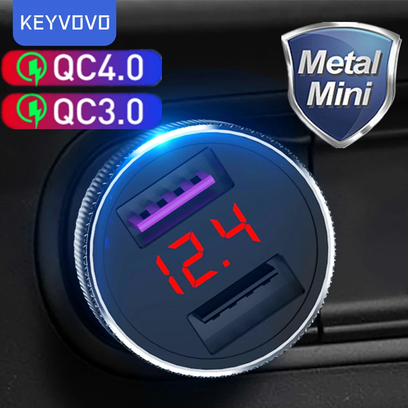 

KEYVOVO QC 3.0 Metal Car Charger USB Dual Port USB Phone Charger Fast Charging For iPhone Xiaomi Samsung Huawei Led Display