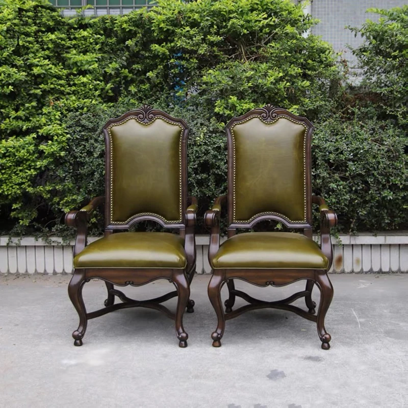 

Custom-made American Luxury Country All-solid Wood Carved Dining Chair Dark Green Soft Bag Armrest Study Makeup Chair