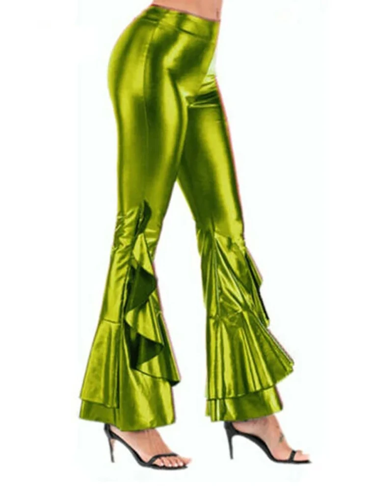 

Women Glossy Metallic Shiny Flared Trousers Fashion Fuax Leather Disco Hippie Club Wide-Legged Pants Lady Skinny Bell Bottoms