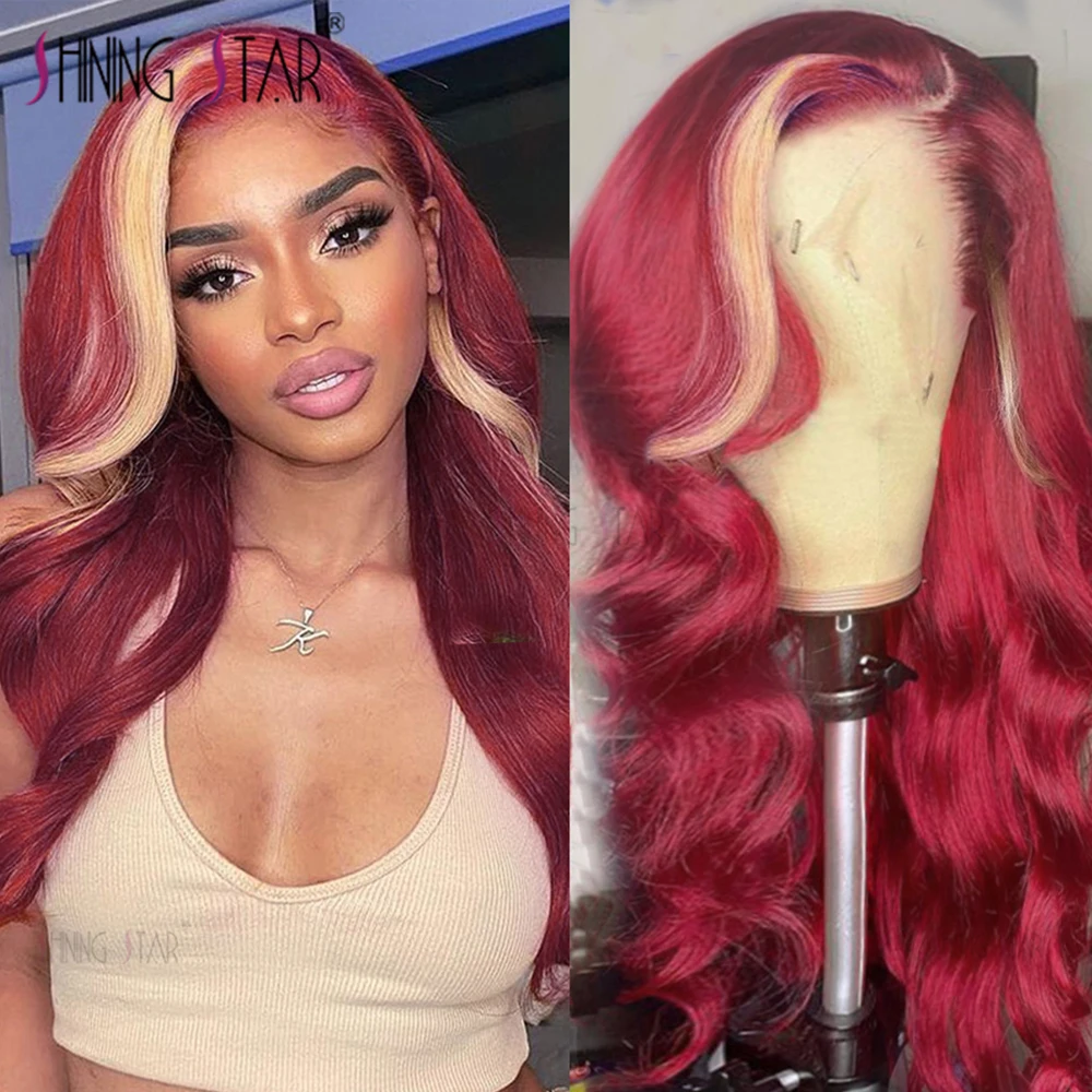 Omber Red Wig Transparent Lace 99J Burgundy Lace Front Wig 613 Highlight Blonde Wigs Peruvian Body Wave Human Hair Wig For Women