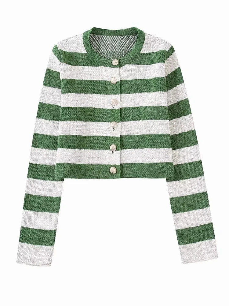 

Женский укороченный вязаный кардиган в полоску, винтажный джемпер с круглым вырезом и длинным рукавом, с золотыми пуговицами, 2022