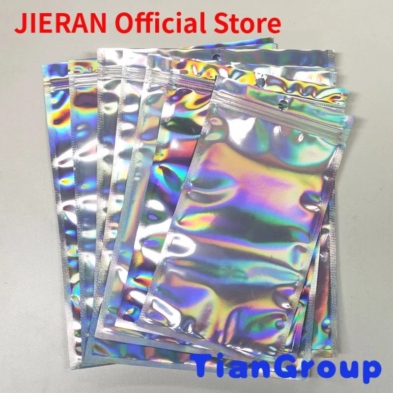 

custom resealable transparent cosmetic holographic packaging bag pouch/holographic ziplock bag self adhesive makeup zipper bag