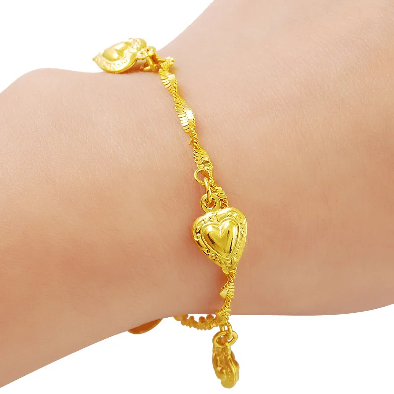

Fashion Water Ripple 24K Gold Bracelet Plating Gold Hanging Heart Shaped Bracelet Jewelry Gift For Woman