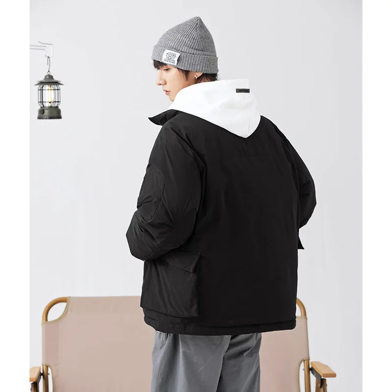 Men Clothing New Multiple Pockets Keep Warm Cotton-padded Clothes Black Stand Collar Recreational Temperament Female Coat Winter