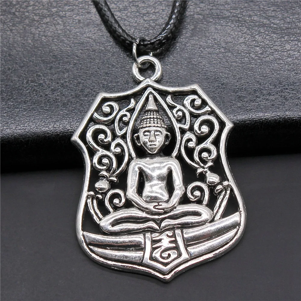 

Unisex Retro Vintage Antique Silver Color 46x33mm Buddha Statue Pendant Faux Black Leather Rope Chain Necklace