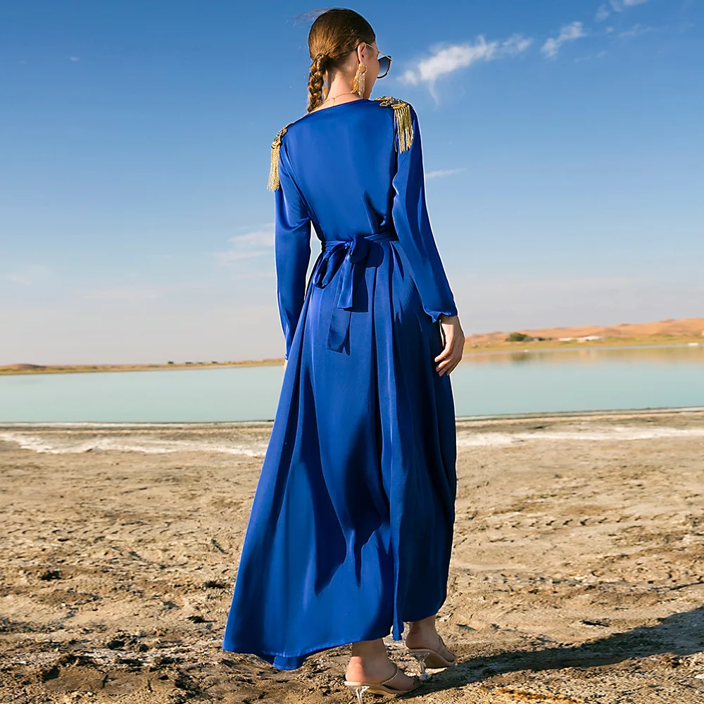 Blue Satin Abaya Dubai Arabic Turkey Islam Hijab Muslim Dress Prayer Clothes Kaftans Abayas for Women  Djellaba Femme Musulmane