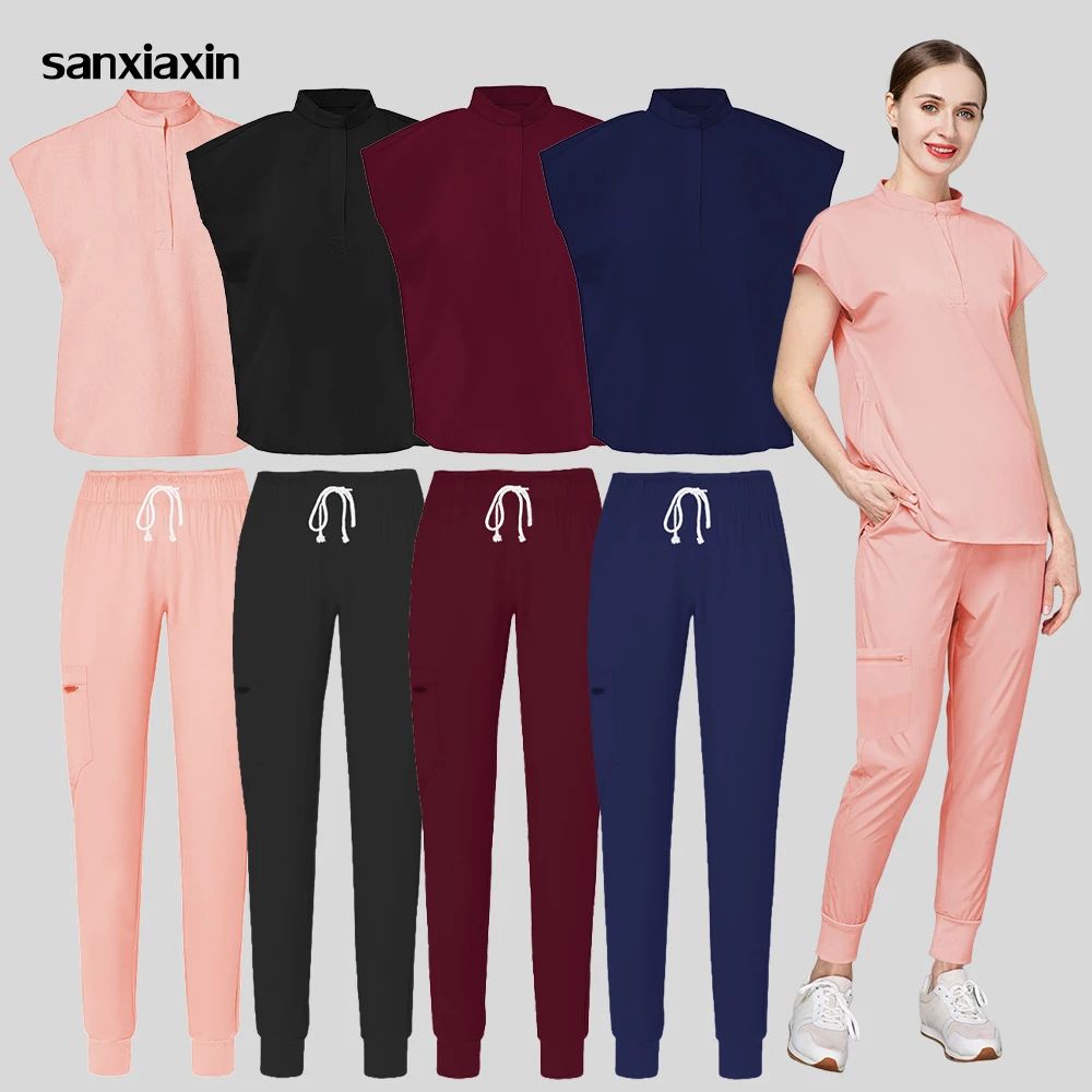 

High Quality Solid Color Scrubs Tops Pants Women Uniforms Elasticity Pet Clinic Nurse Sets Medical Doctor Work Clothes Wholesale
