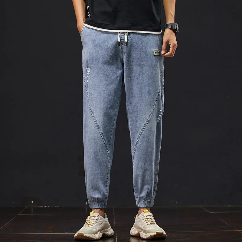 

Джинсы мужские демисезонные с эластичным поясом, джоггеры из хлопка в стиле хип-хоп, уличная одежда, синие джинсовые брюки-султанки на шнурке