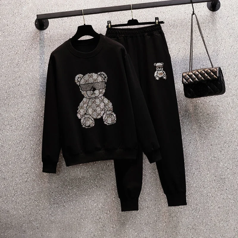 

New Autumn Brand Velvet Suit Women Plus Szie Large WomenFat Sister Meat Covered Bear Sweater Sweatpants Suit
