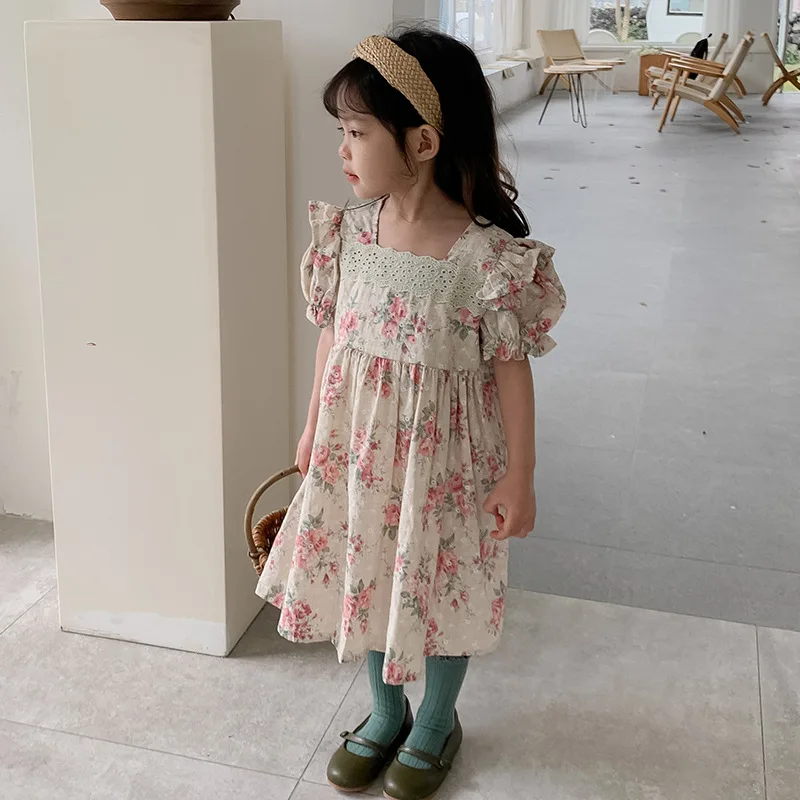 

French Style Baby Girl Dress 2023 Summer New Retro Flower Printed Lace Princess Dresses Sweet Kids Baby Girl Clothes