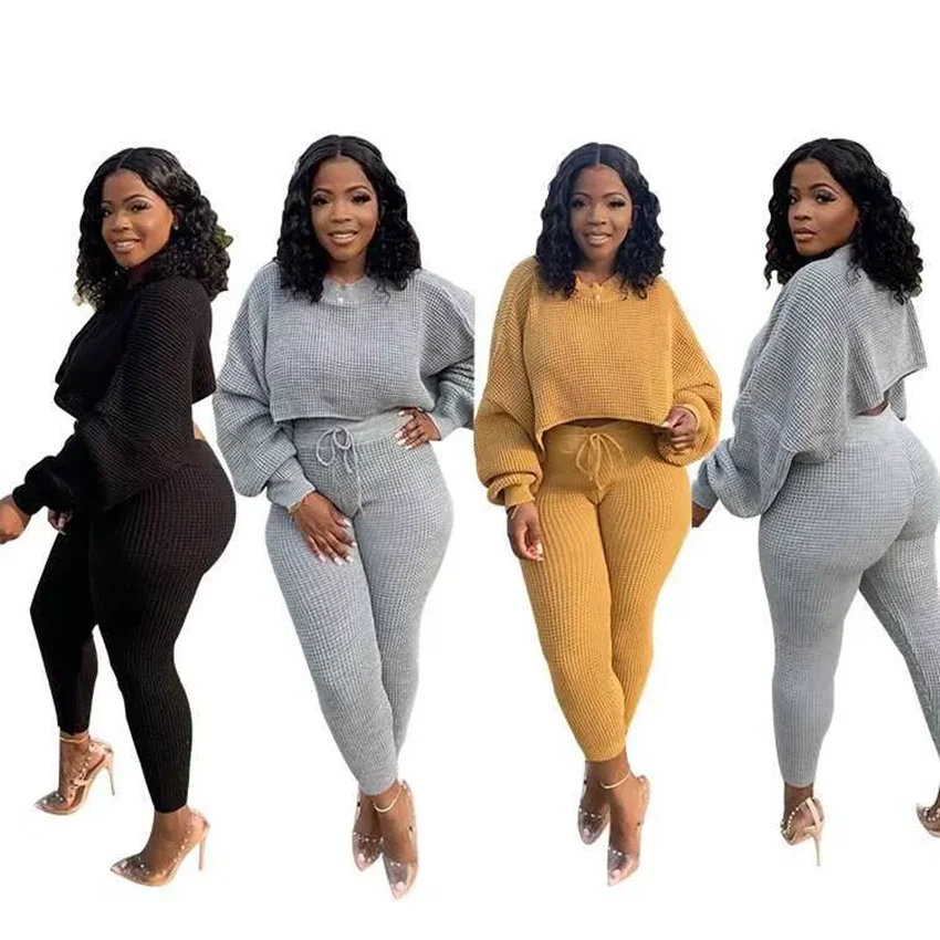 

Women Crop Top And Pants 2 Piece Set Outfits Autumn Winter Solid Color Long Sleeve Woman Sweater Two Piece Suit