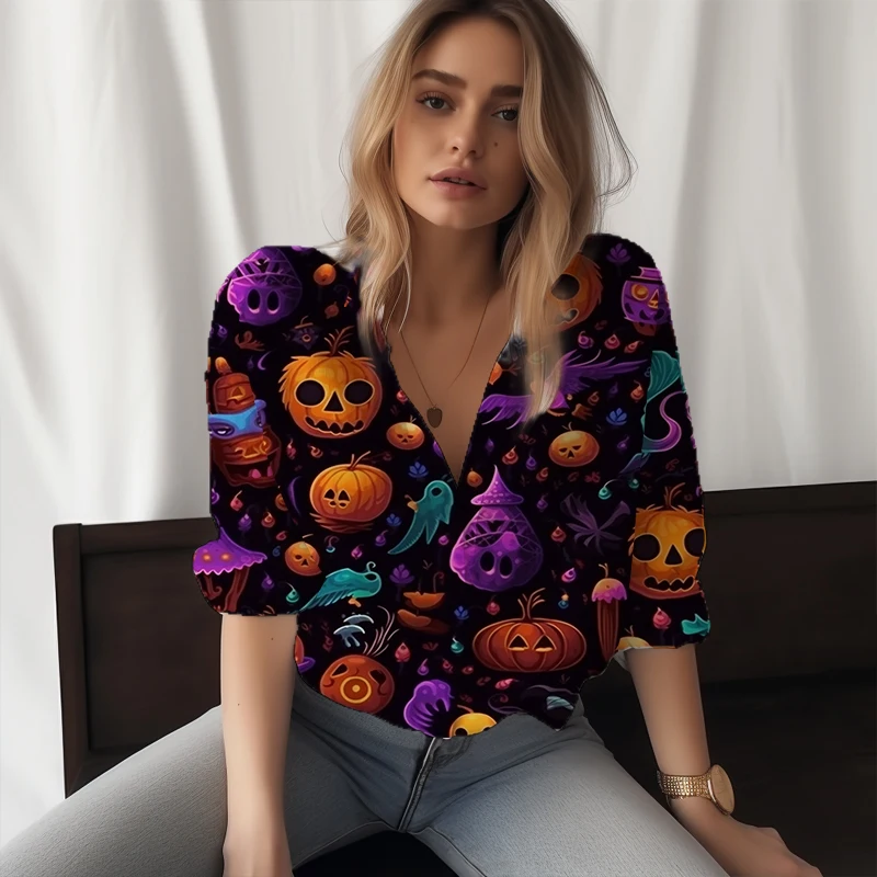 

Новинка 2023, женская рубашка, женская рубашка с 3D принтом тыквы на Хэллоуин, женская рубашка в праздничном стиле, модная трендовая женская рубашка