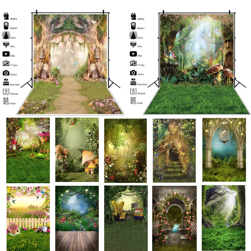 

Весенний фон для фотосъемки мечтательный лес замок Страна Чудес гриб детский день рождения фото студия с фоном для фотосъемки