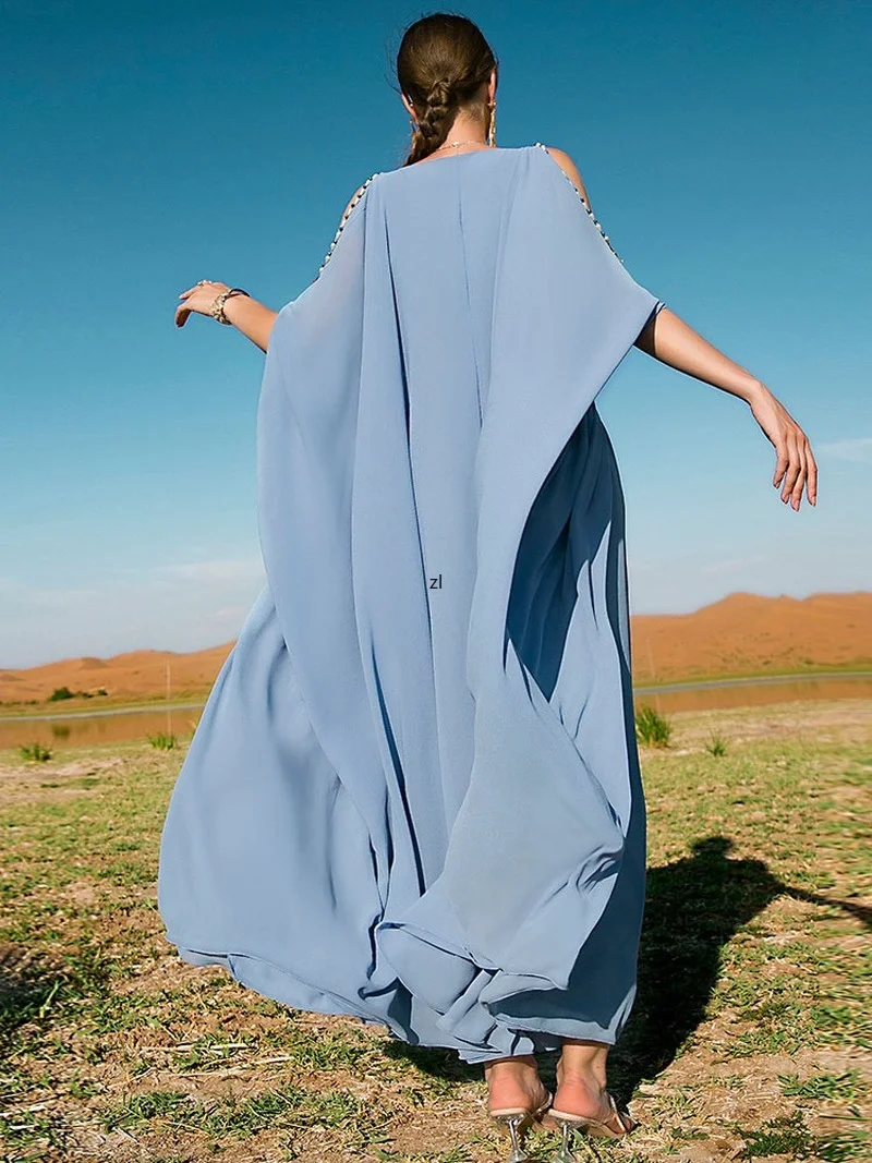 Beading Party Abaya Arabic Evening Dresses Women Lined Chiffon Flowy Kaftan Muslim Wedding Dubai Saudi Gulf Gown Abayas 2022