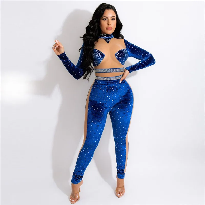 

KEXU Mesh See Though Velvet Patchwork Jumpsuit Elegant Women Diamonds Hot Drill Sexy Party One Piece Overall Romper Playsuits