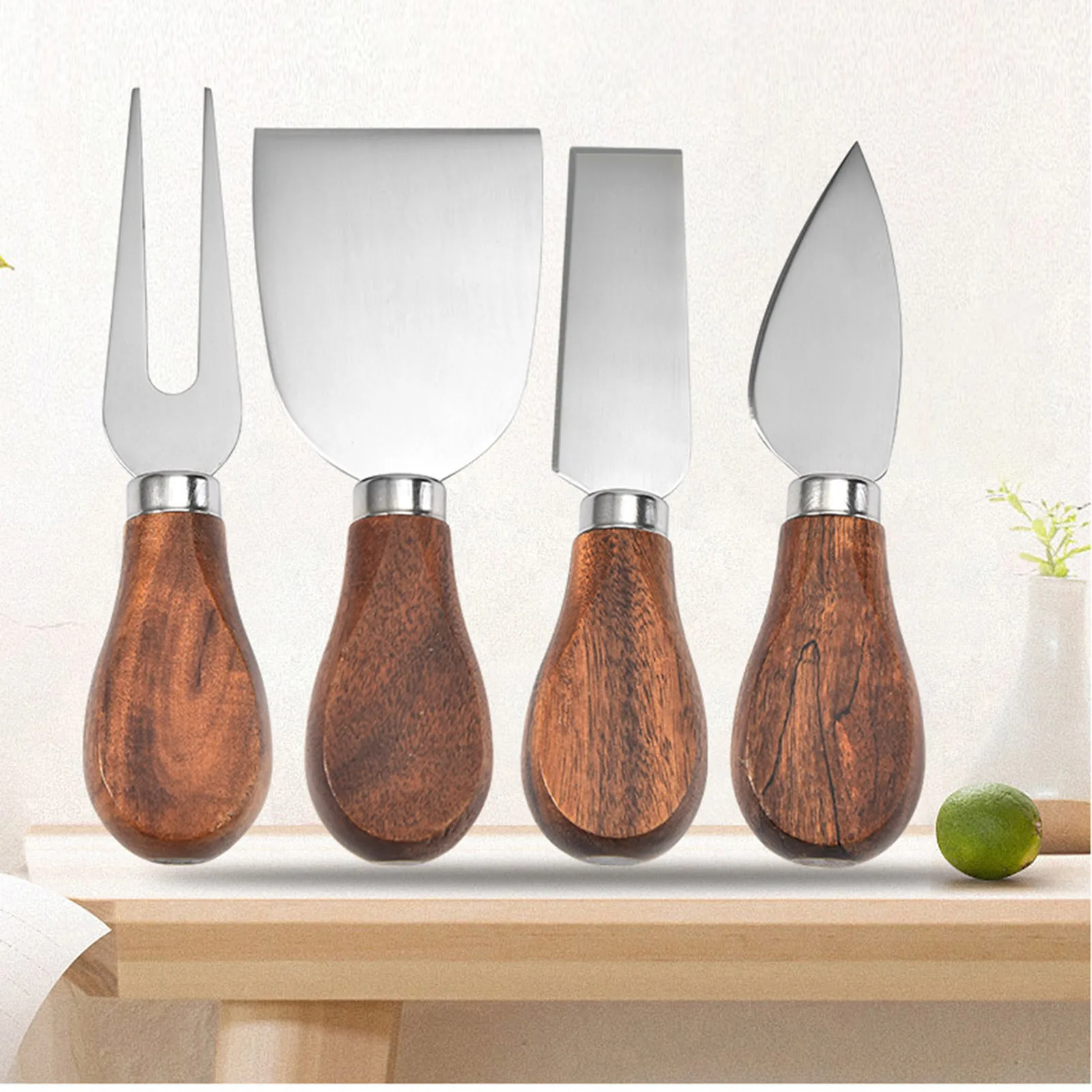 

Cheese Four-piece Cheese Knife Kitchen Baking Utensils Stainless Steel Small Leaf Acacia Cheese Knife With Wooden Handle