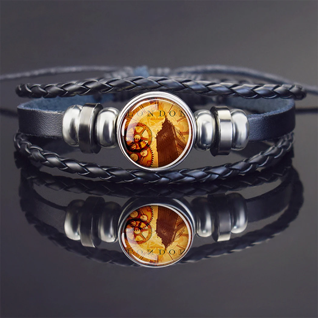 Браслет с узором в виде шестеренок черный кожаный плетеный браслет компасом для