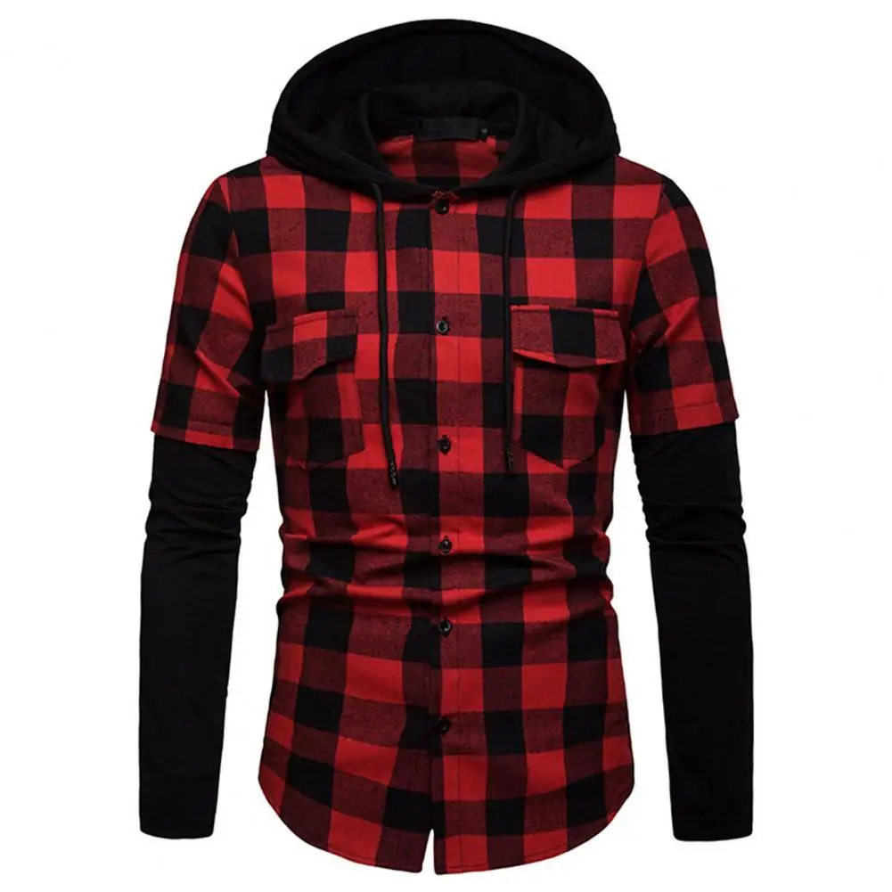 

Men Student Shirt 2022 Plaid Contrast Colors Single-breasted Hooded Student Shirt for Daily Wear