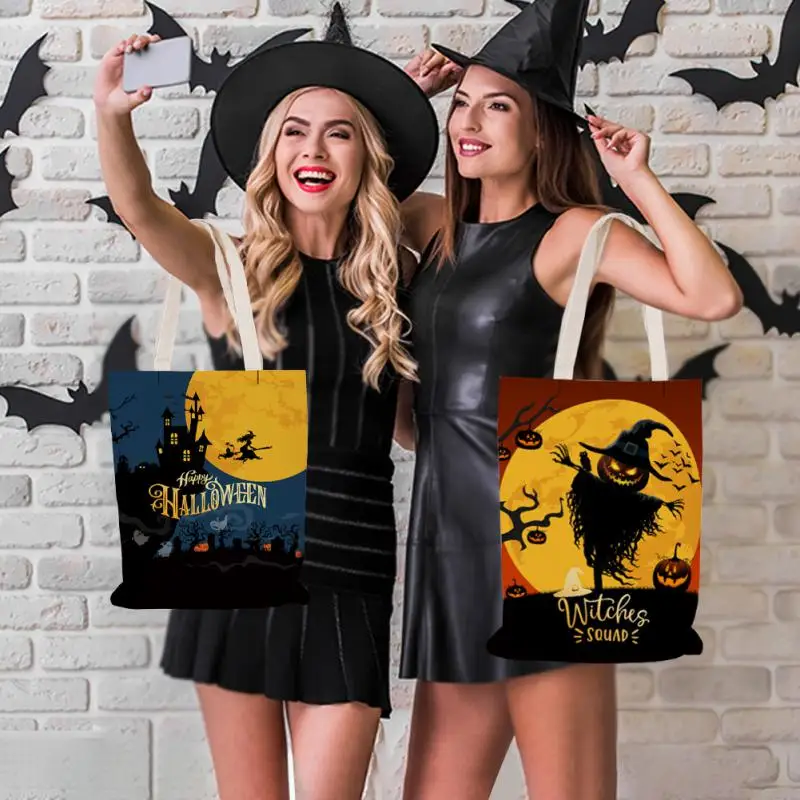 

2022 Halloween Tote Shoulder Bag For Women Kid Pumpkin Bat Snack Biscuit Gift Bag Trick Or Treat Kids Favors Halloween Tote Bags