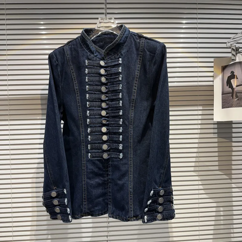 

BORVEMAYS Casual All-match Denim Jacket Women Stand Collar Long Sleeve Solid Color Single-breasted Autumn New Coat WZ5091