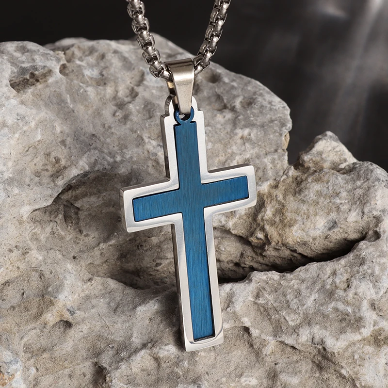 

Classic Stainless Steel Christian Jesus Pendant Catholic Simple Blue Cross Necklace for Men and Women Prayer Amulet Gift