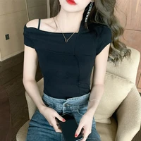 sexy skinny body t shirt women 2022 summer slim basic tops solid color all match skew collar short sleeved tops