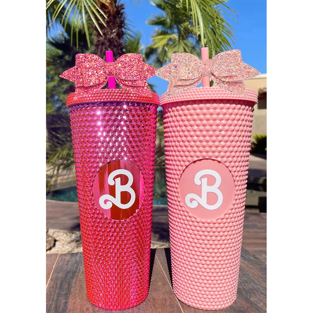 

Barbie Princess Party Diamond Durian Cup With Glitter Bow Plastic Straw Insulated Water Bottle Bling Pink Tumbler For Girl Gifts