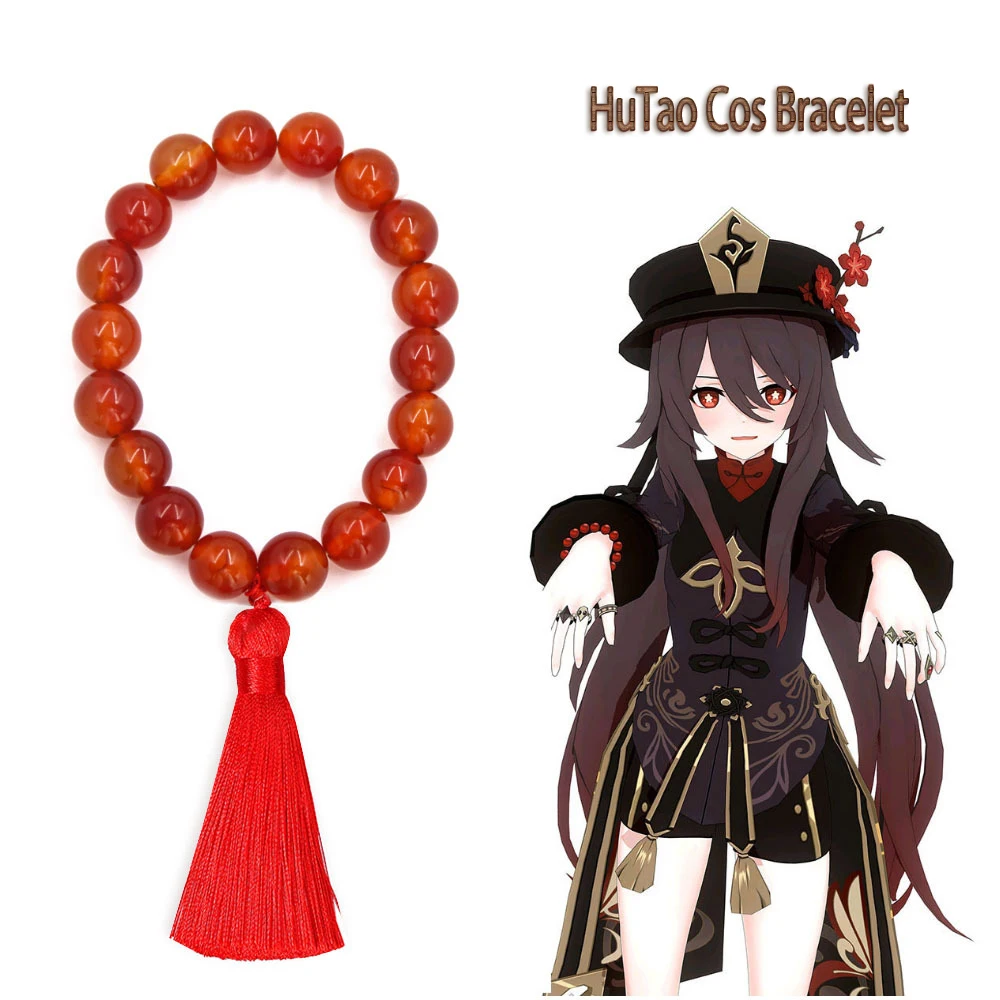 

Genshin Impact Hutao Cosplay Bracelet Red Agate Stone Tassel Bead Bracelet Anime Elastic Bracelet Gift Hu Tao Cos Bracelet