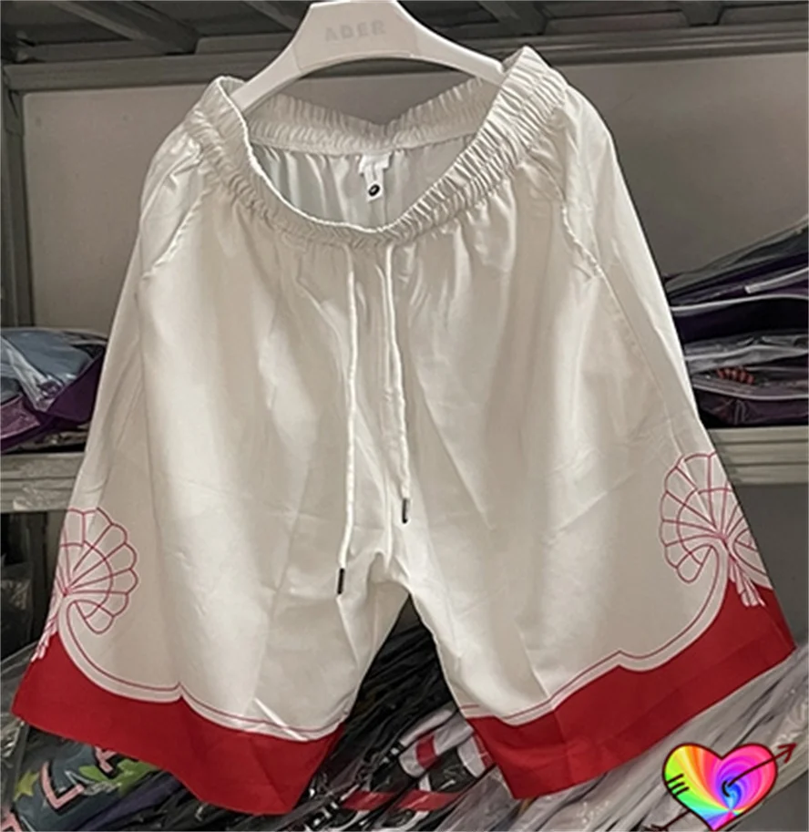

2023 Silk Casablanca Window Shorts Men Women 1:1 Red Lines Casablanca Shorts Hip Hop Drawstring CASA Sport Breeches