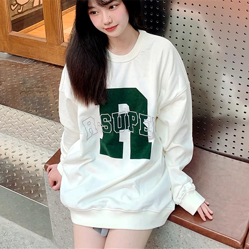 

Американская ретро-толстовка с надписью, Женский подходящий ко всему хлопковый Зимний пуловер с длинным рукавом для девушек, Корейская свободная повседневная одежда
