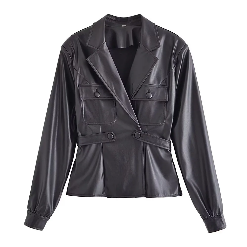 

2022 autumn fashion new women's suit lapel black belt tooling imitation leather PU suit leather short jackets
