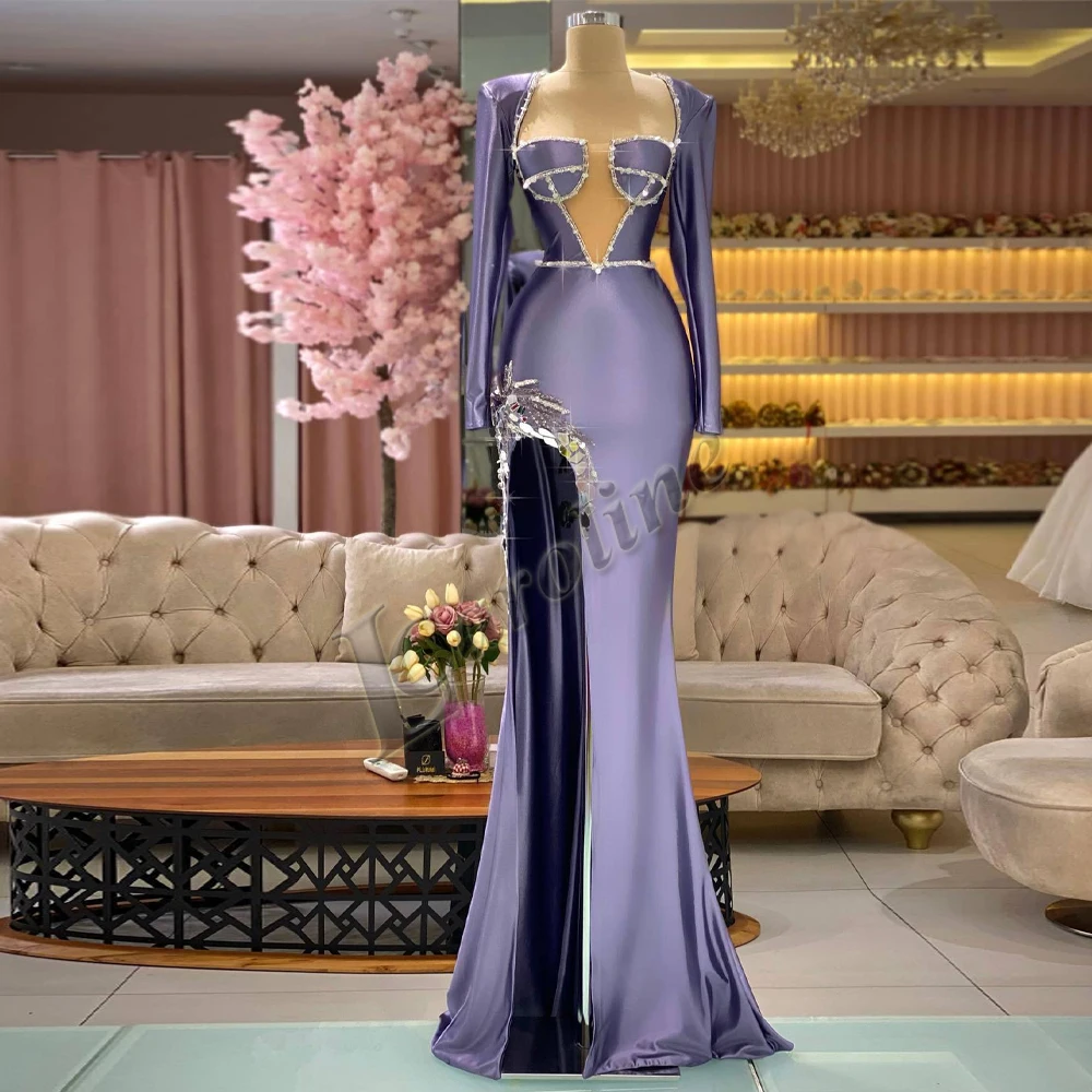 

Caroline Light Purple Sexy Satin Beading Crystal Evening Dresses Long Luxury Celebrity Personalised Vestidos Robes De Soirée