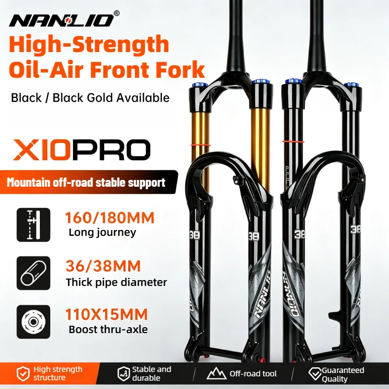 Фото Вилка амортизационная NANLIO X10PRO MTB с воздушно-масляной подвеской, шток 36/38 мм, ход 160/180 мм, ось BOOST 15x110 мм, для эндуро и даунхилла №1