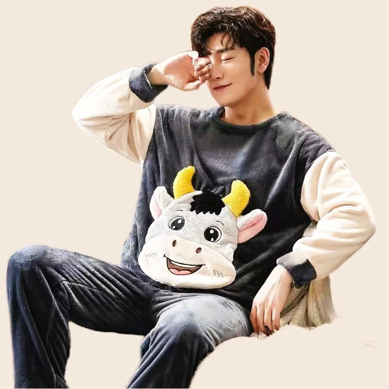 Winter Man Pajamas Set Full Sleeve T-shirt Long Pants 2Piece/Set Casual Cartoon Pyjama Big Size Men Homewear Cozy Plus Sleepwear