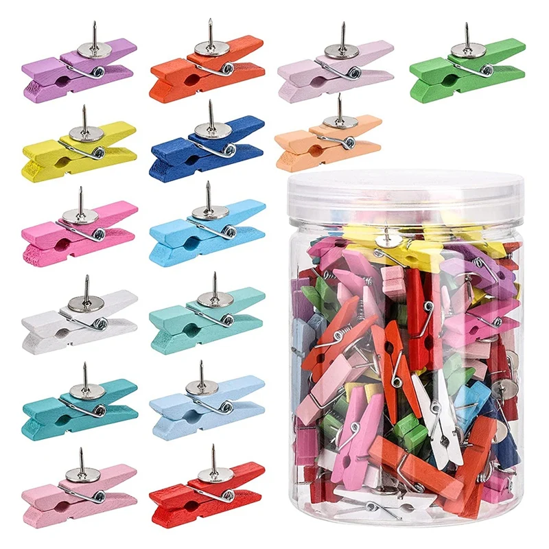 

100 Wooden Cork Board Pins With Clips For Cork Board Push Pins Tacks Mini Photo Clips Paper Clips Colors