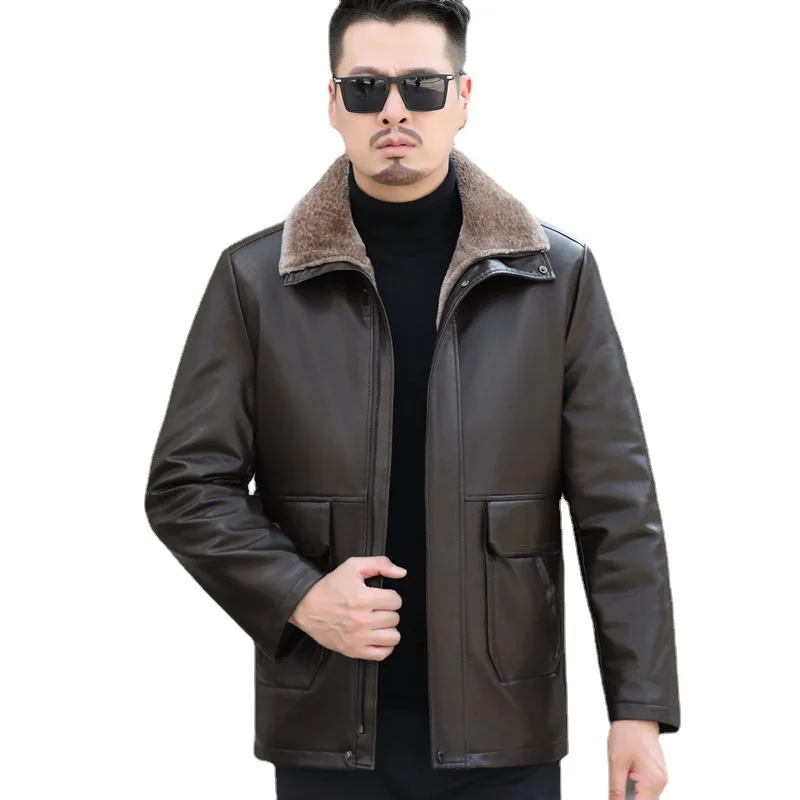 Winter Leather Coat Men's Thick Fur Mid-length Large Size Jacket Male Fashion Trench Coat Chaquetas Cuero Para Hombre
