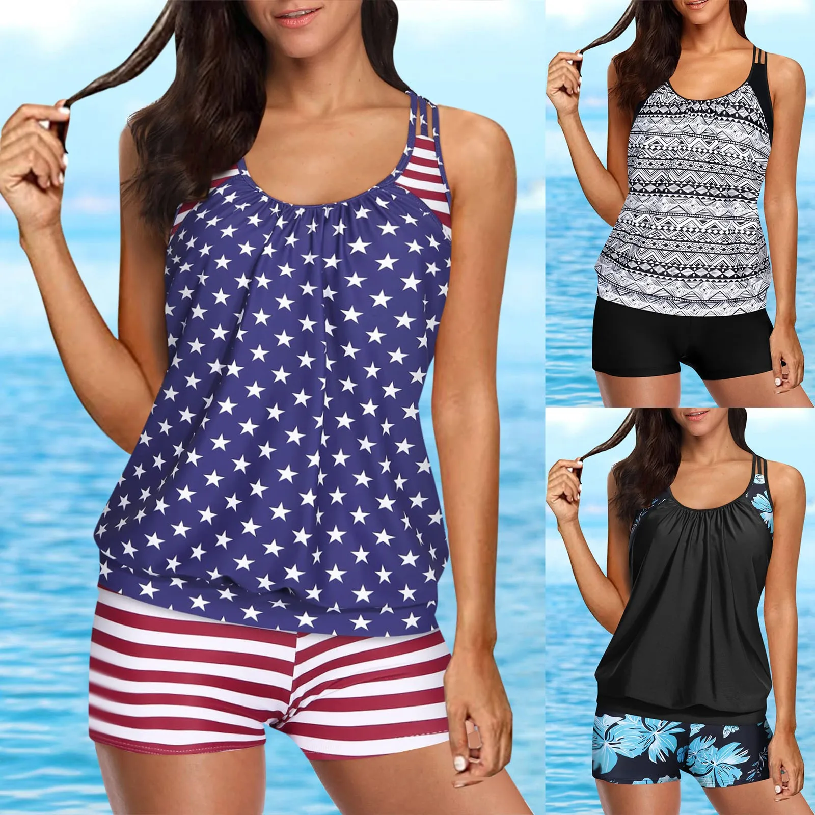 

Summer Swimwear Two Piece Tankini Bathing Suits T Back Blouson Swim Tops With Boy Shorts Women Swimsuits Sporty Swimwear