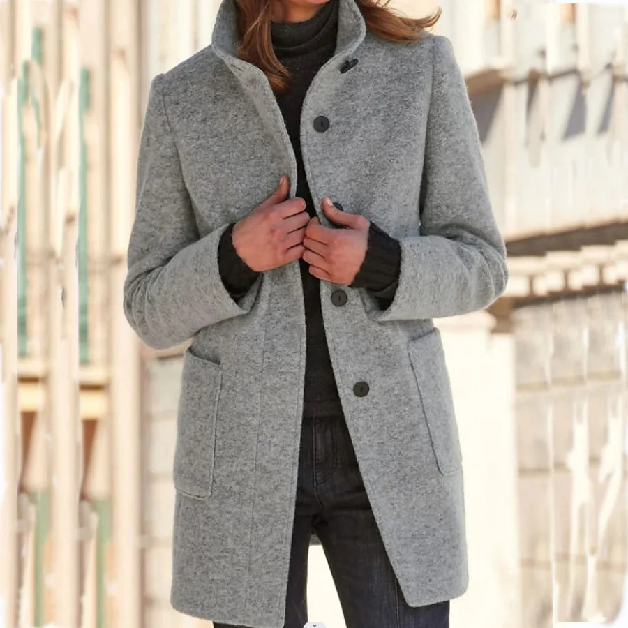 

2023 Autumn/Winter New Vintage Solid Colro Woolen Coat Women Button Standing Collar Jackets for Women