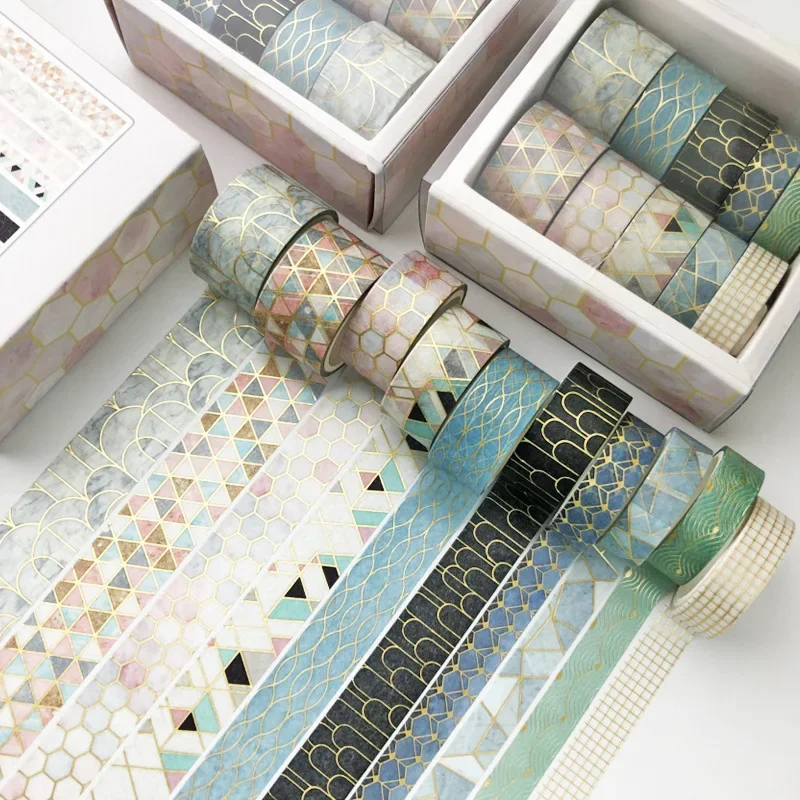 

Japanese 10 Tape Paper Tapes Pcs/set Decorative Geometric Set Adhesive Sticker Stationery Washi Scrapbooking Lattice Gold Color