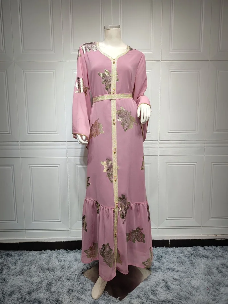 Muslim Dress Women Moroccan Jalabiya Dubai 2022 Pink Chiffon Gold Stamping Abaya Femme Turkish Dresses Free Shipping