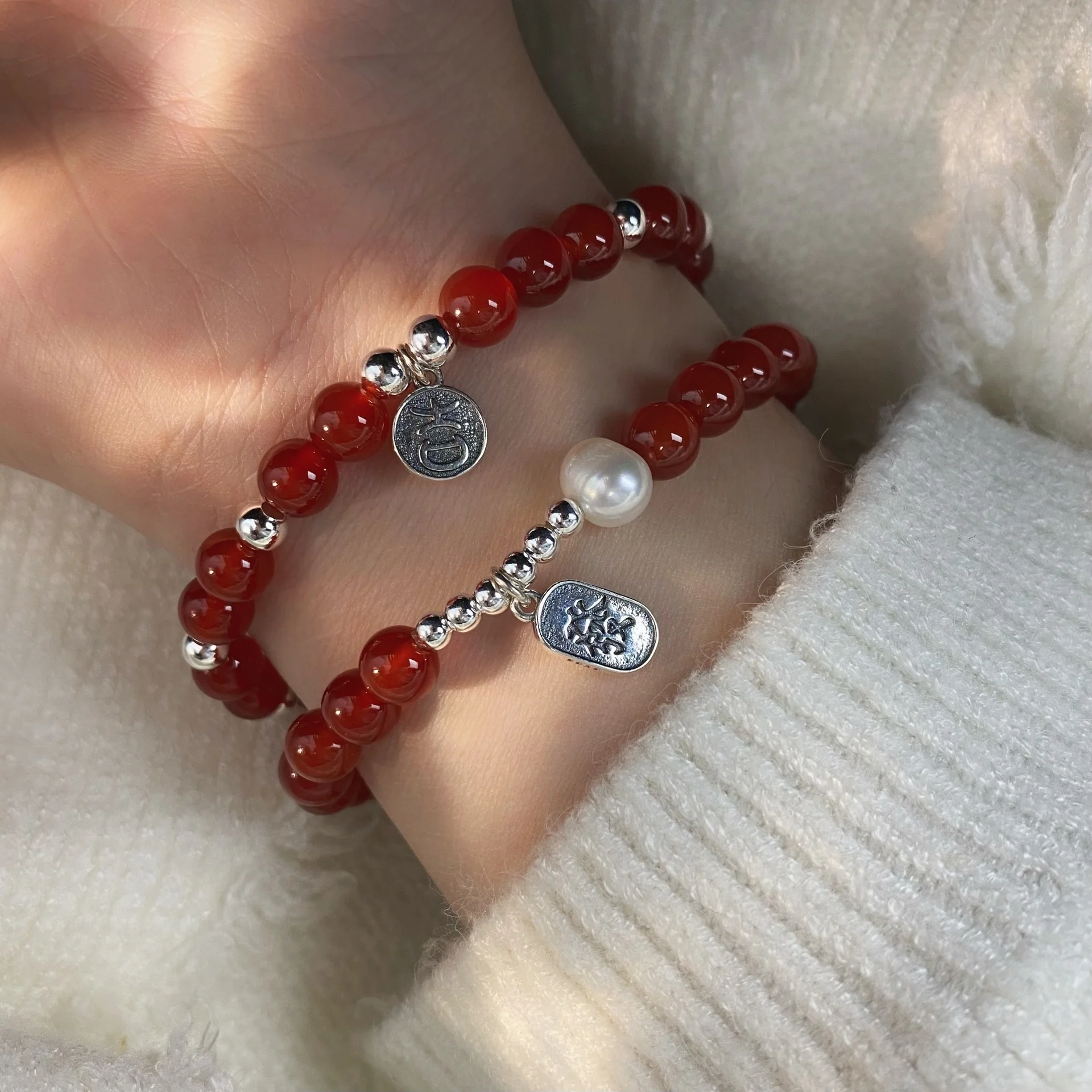 

925 Sterling Silver Red Agate fortune lucky word elastic rope bracelet women's simple net red fashion high sense Bracelet 6864