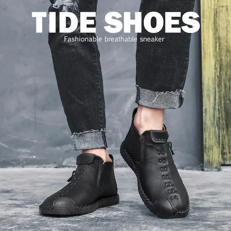 Men's Boots Fashion Handmade Men Western Leather Classic Casual Boots Shoes Outdoor Non-slip Work Shoes Size 48