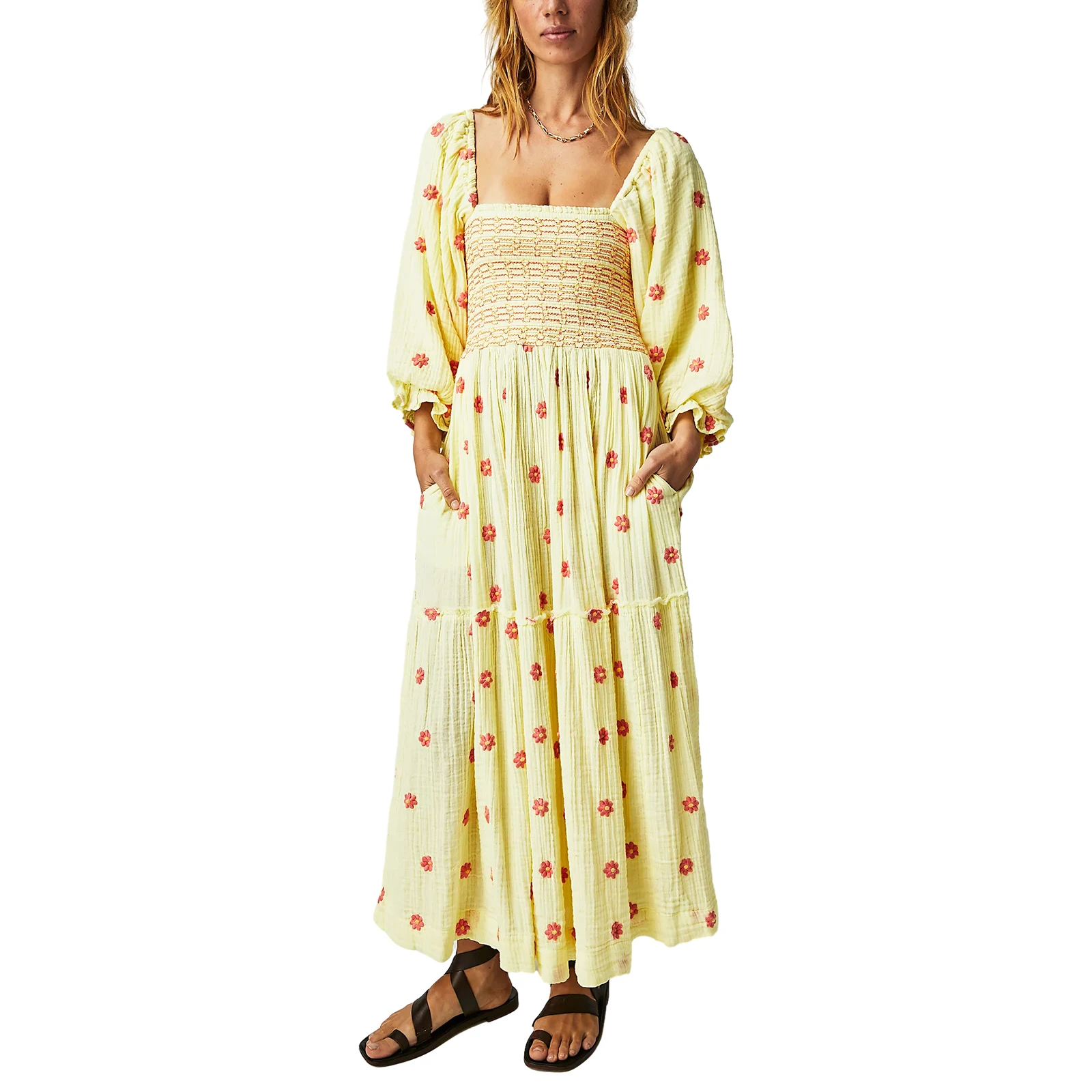 

Женское плиссированное платье с цветочной вышивкой, Элегантное Длинное свободное приталенное платье с длинным рукавом и квадратным вырезом, осень