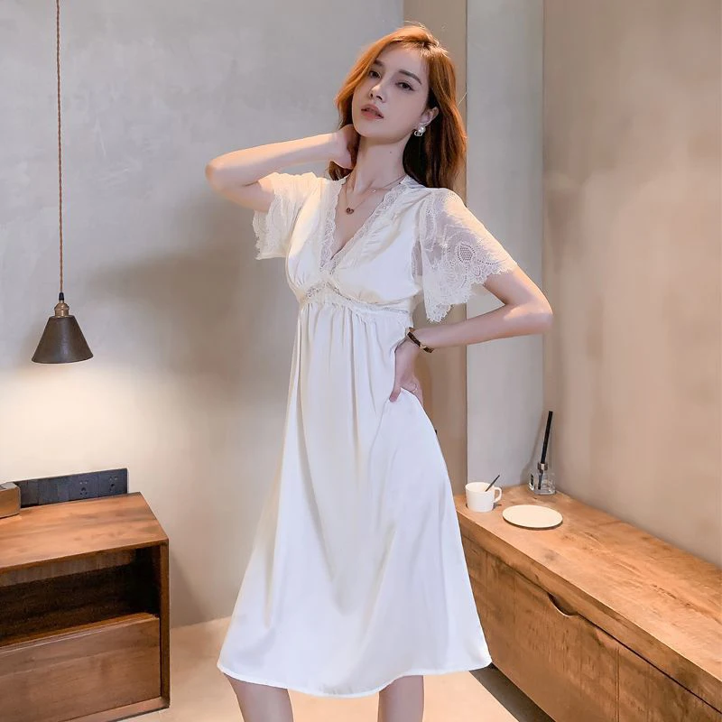 Ice Silk + Lace Nightdress Women's Summer Sexy Lace Short-Sleeved Mid-Length Summer Nightdress With Chest Pads Home Service