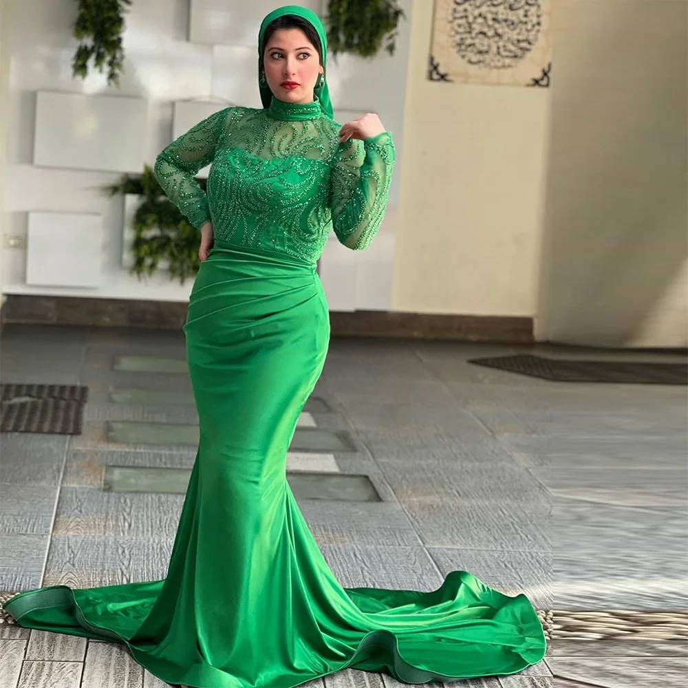 

Sevintage Modest Green Mermaid Prom Dresses Beading Appliques Long Sleeves High-Neck Arabic Muslim Evening Dress Turkish Gowns