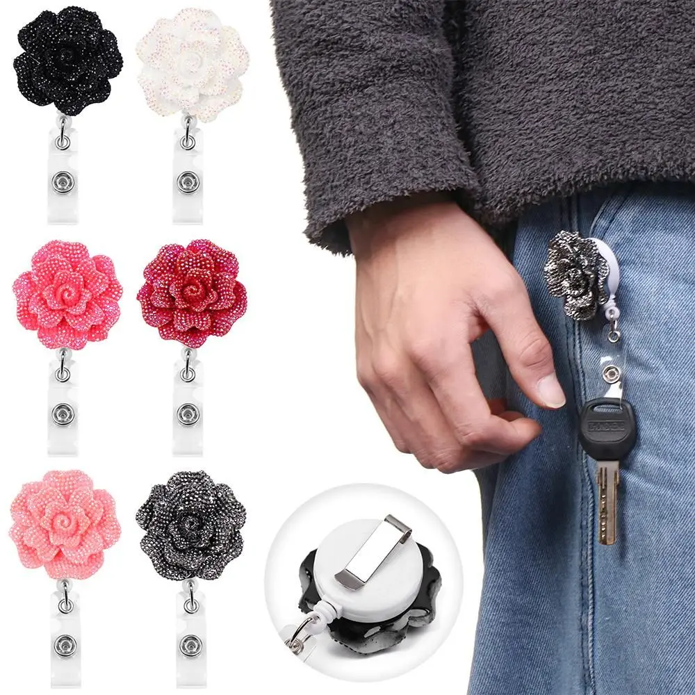

Fashion High Quality ID Name Card Lanyards Clip Anti-Lost Clip Badges Holder Rose Shape Badge Reel Key Ring