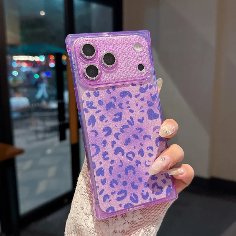 Блестящий чехол с леопардовым принтом для iPhone 17 16 15 14 Plus 13 12 11 Pro Max, противоударный, квадратный, с защитой от падений (art.: 3920dc2e41340) - 3920dc2e41340