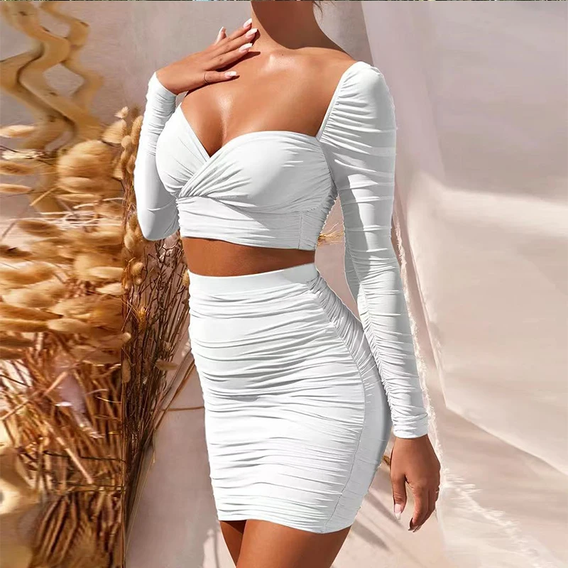 

2022 Spring and Summer Dress Solid Color New Long-sleeved V-neck Sexy Low-cut Pleated Two-piece Mini Suit with Skirt