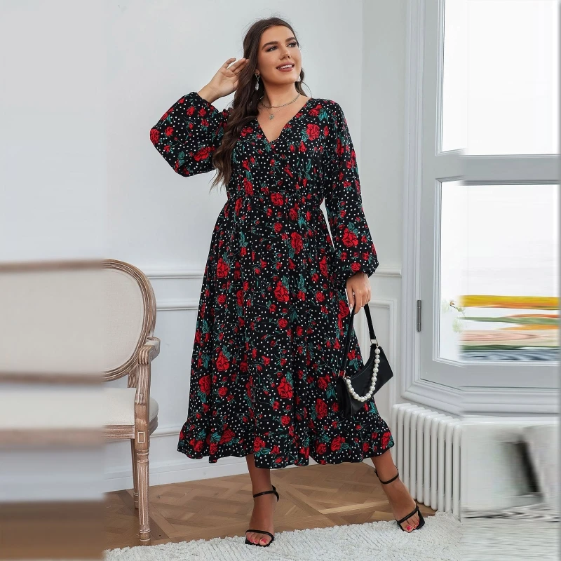 

Women's Plus Size Boho Floral Long Sleeve High Waist A Line Swing Maxi Dress Ankle Length Casual Wear